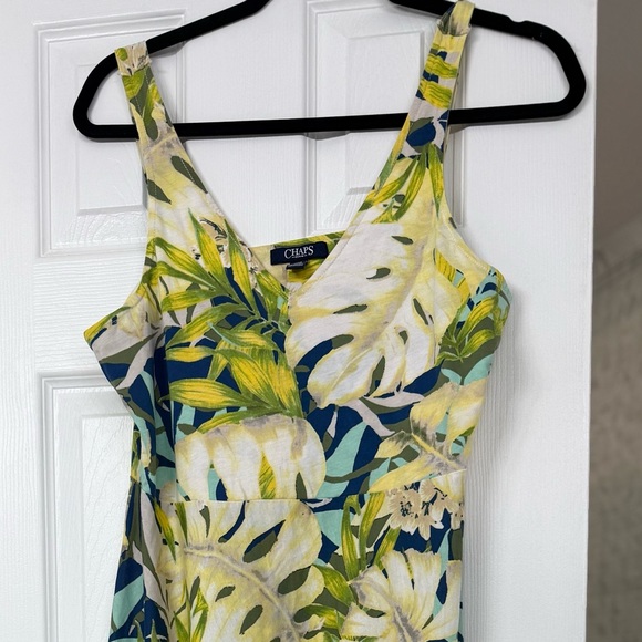 Chaps Floral Dress Tropical 🌴 Midi Yellow Blue Green Palm - Picture 1 of 9